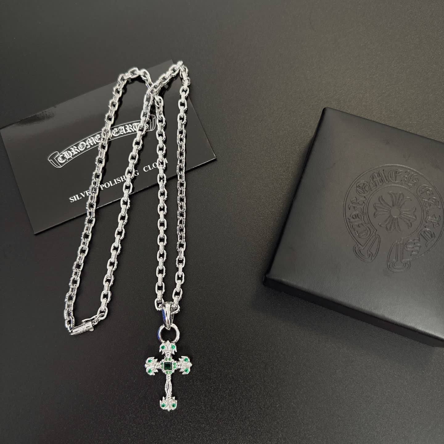 Chrome Hearts Silver Cross Pendant with Emerald Accents